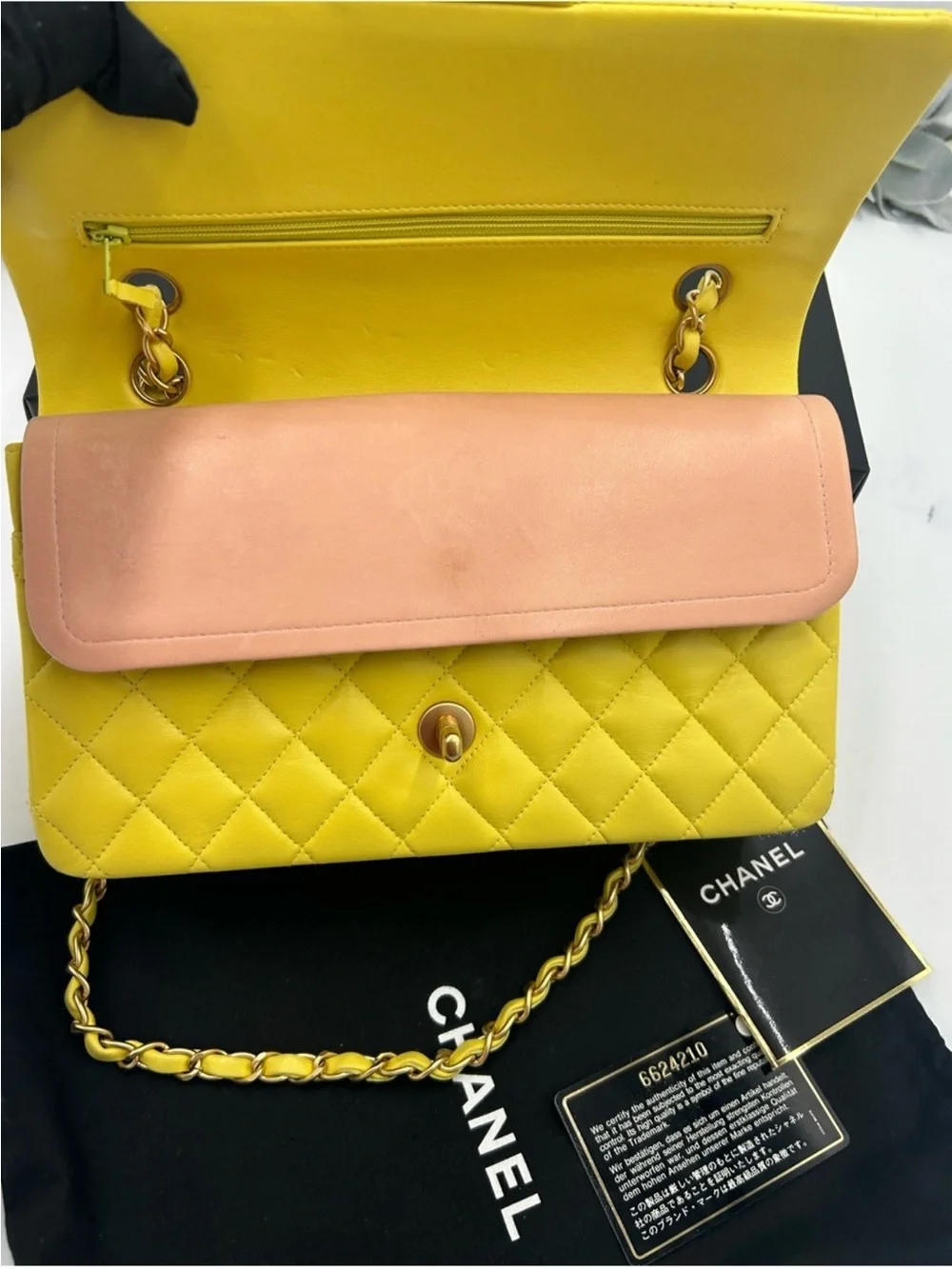 Women’s Chanel, classic quilted double flap bag in yellow with Gould hardware